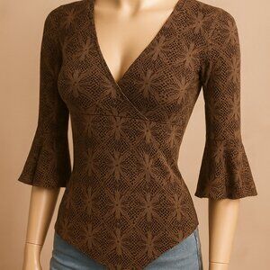 M.K.M Designs Vintage Blouse 90s Y2K Brown Crochet Fairy Cut Womens Size Medium